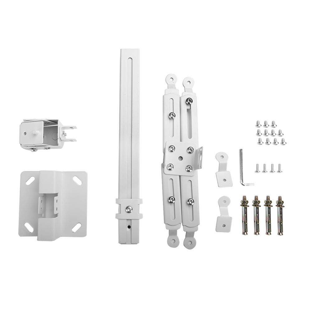 Weiße Metall-Montagehardware. Es enthält mehrere Teile, wie Halterungen, Schrauben und eine lange Metallstange.