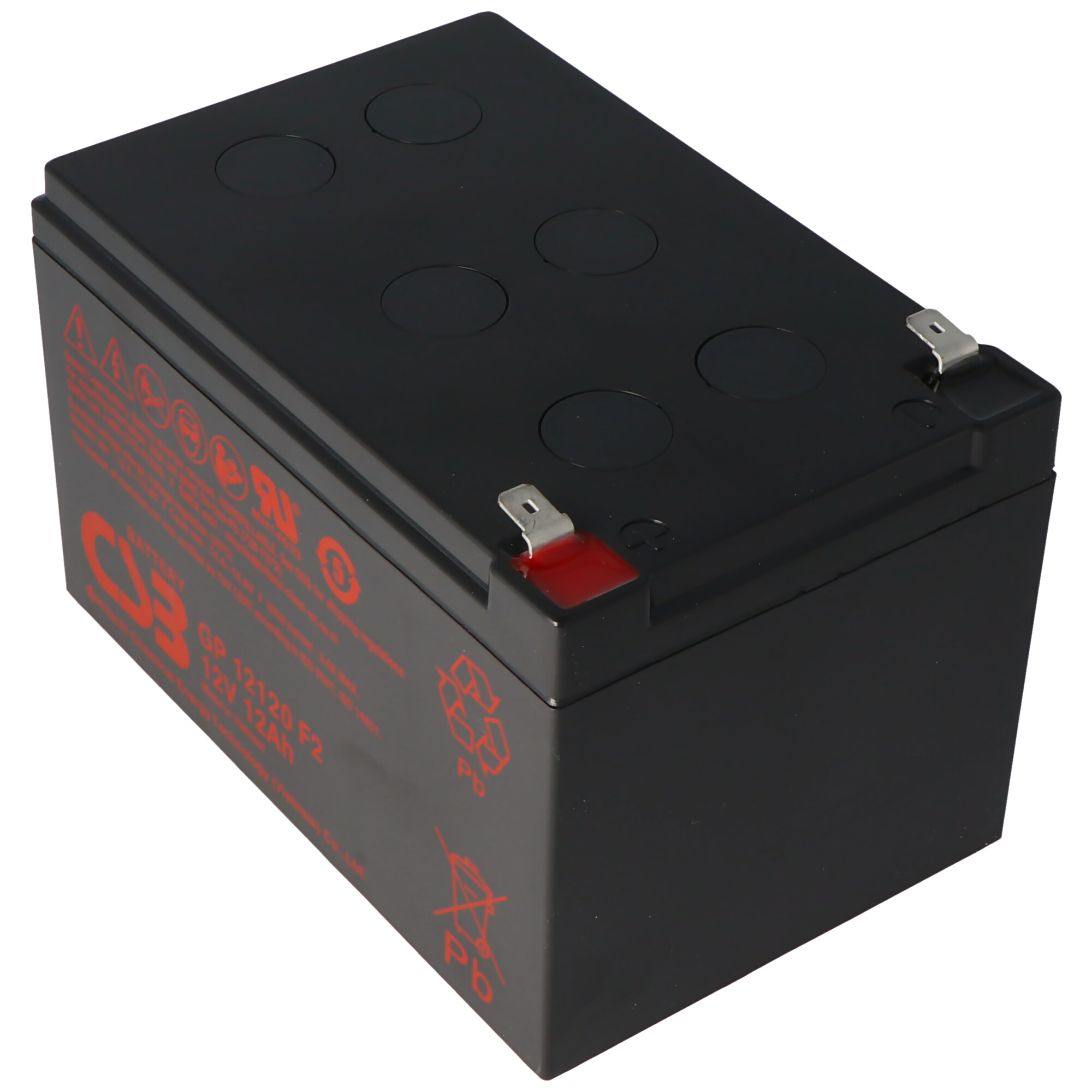 Schwarze rechteckige Batterie mit rotem Text und Markierungen.