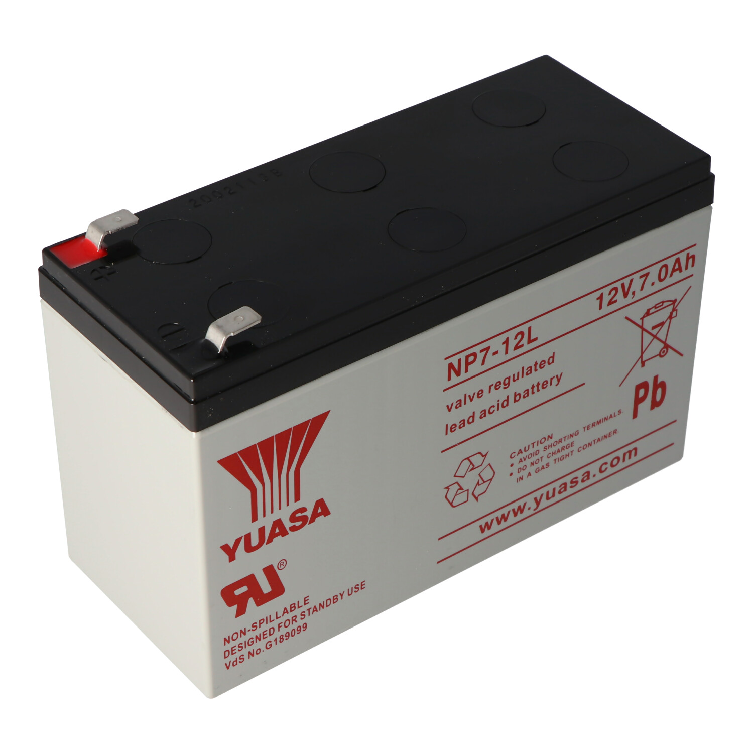 Graue Batterie mit schwarzem Deckel und weißem Text, mit Recycling-Symbol.