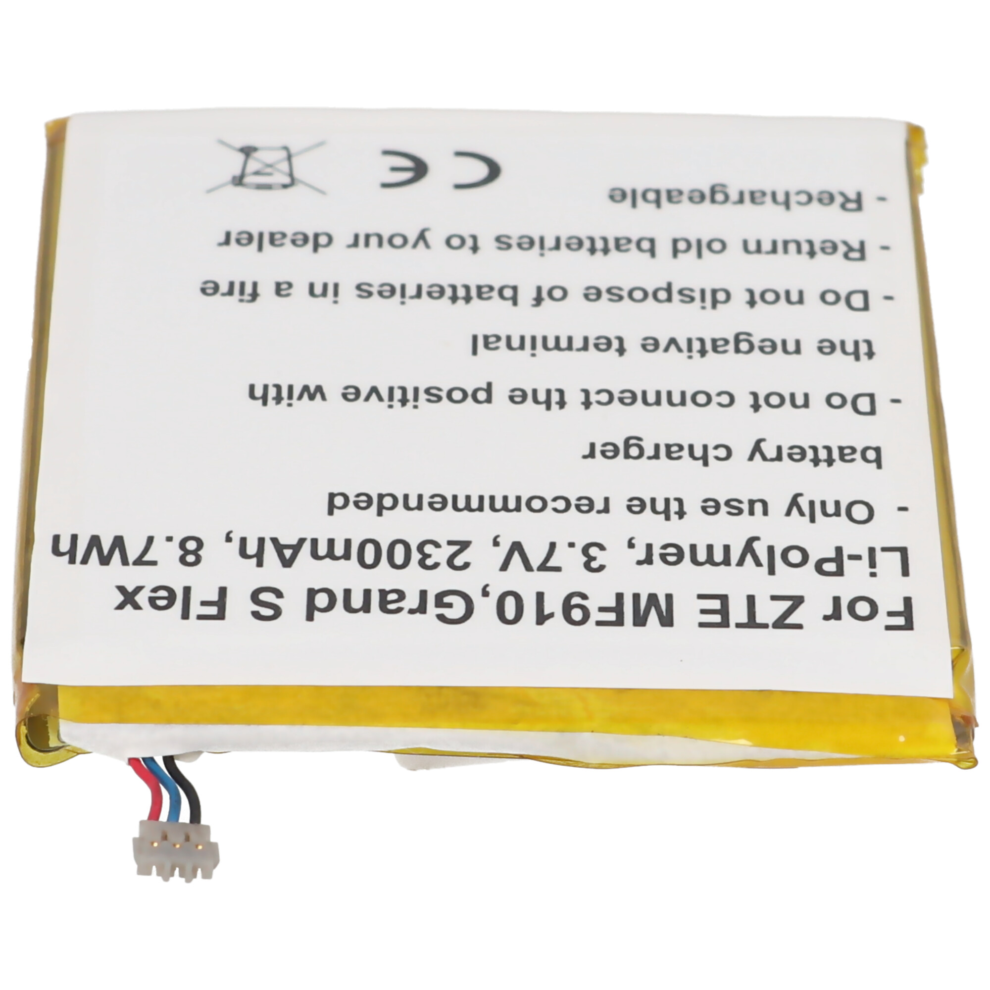 Akku für ZTE MF910, 3,7V, 2300mAh, Li-Polymer. Mit Warnhinweisen.