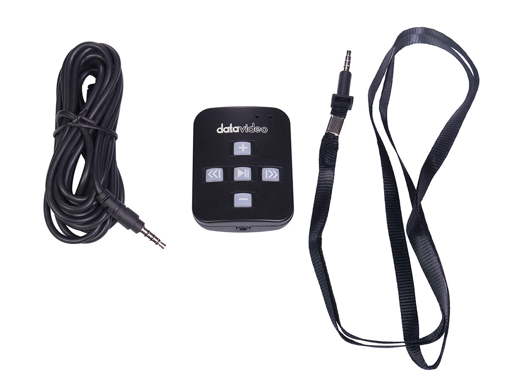 Ein schwarzes Steuergerät. Es hat Knöpfe und ein Schlüsselband. Es gibt ein Kabel mit 3,5-mm-Klinke.