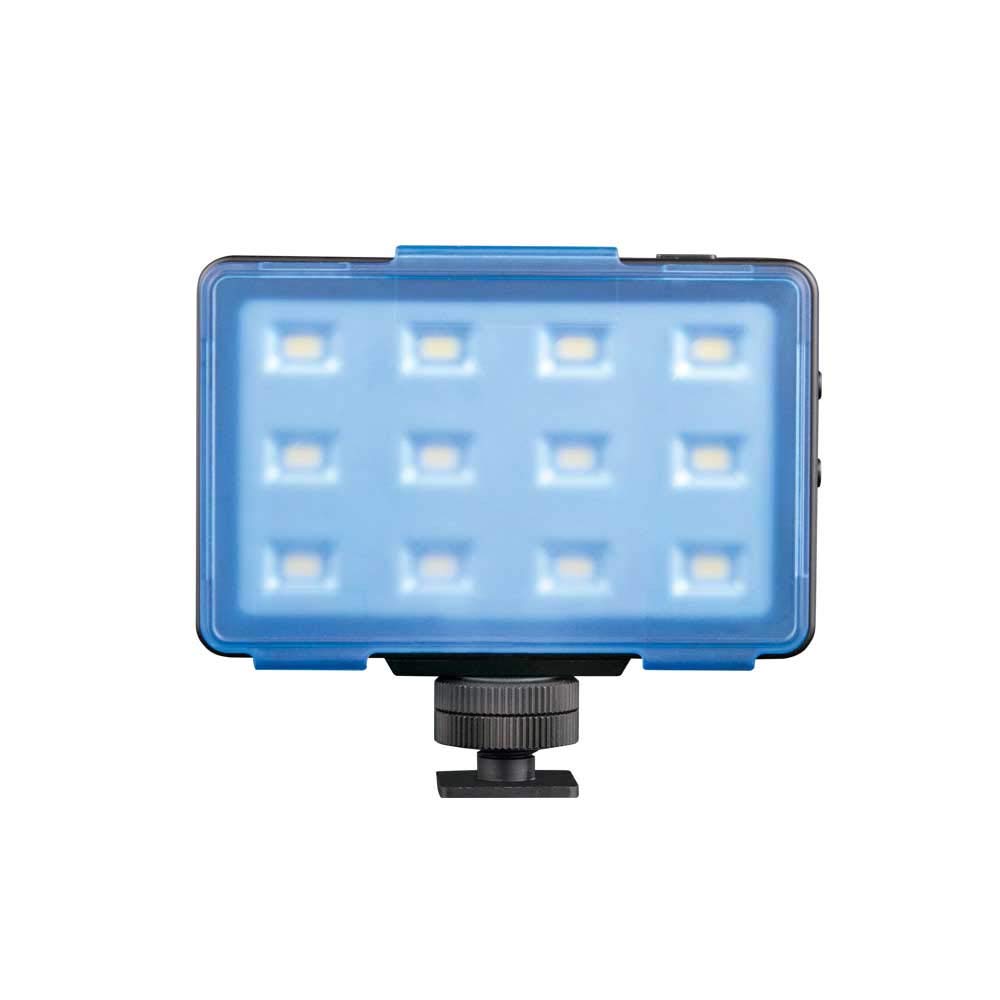 Blaues LED-Lichtpanel mit einem Raster aus kleinen Lichtern. Schwarze Basis mit Schraubhalterung.