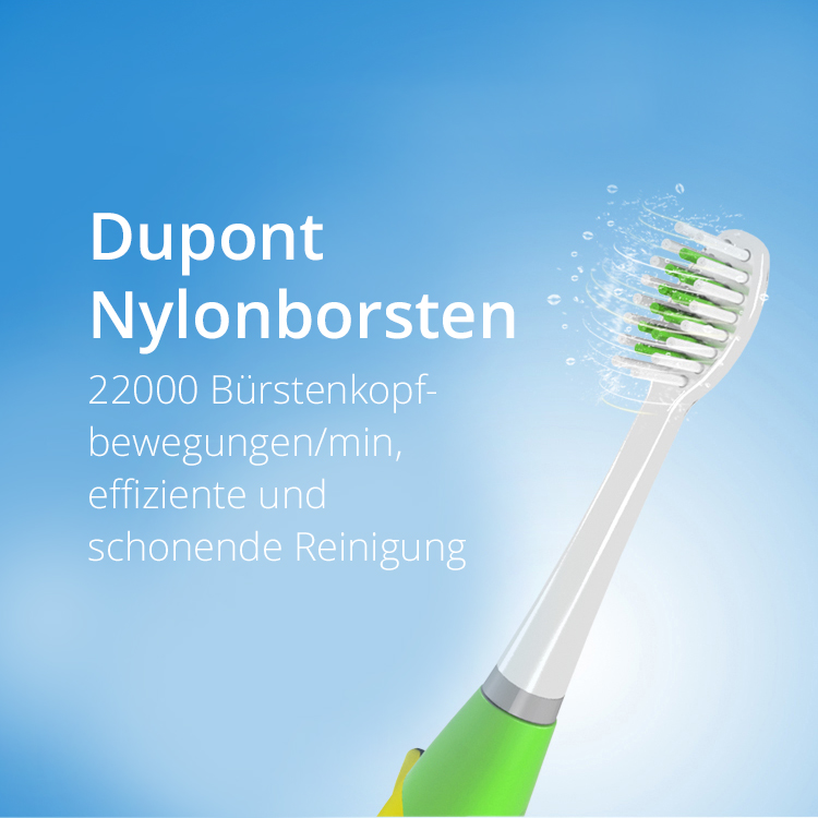 Zahnbürste mit grünem Griff. Text Dupont Nylonborsten. Blauer Hintergrund mit Wassertropfen.