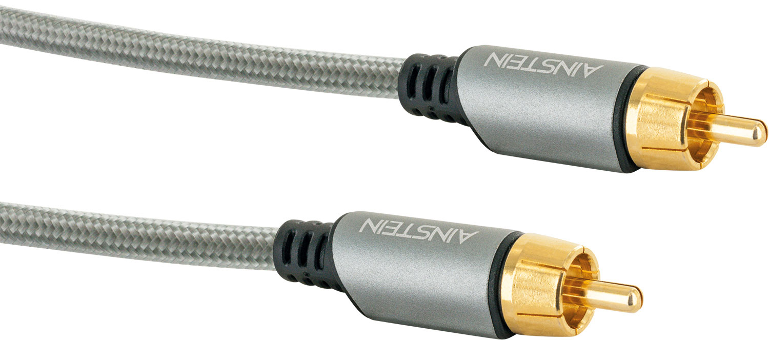 Graues Audiokabel mit goldfarbenen Steckern. Der Markenname ist Ainstein.