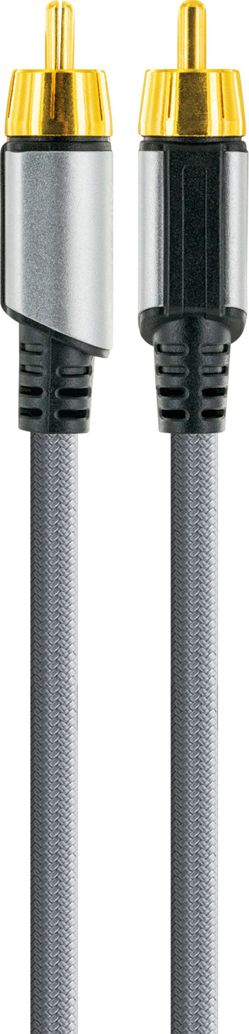 Zwei Cinch-Audiokabel. Die Kabel sind grau mit goldenen Steckern und schwarzen Details.