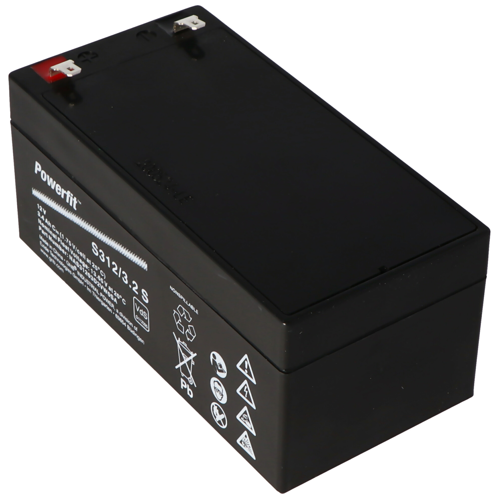 Schwarze Batterie mit Text und Warnsymbolen, schräge Ansicht, weißer Hintergrund.