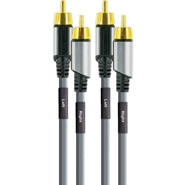Zwei Sätze Cinch-Kabel mit vergoldeten Steckern, beschriftet mit Links und Rechts.