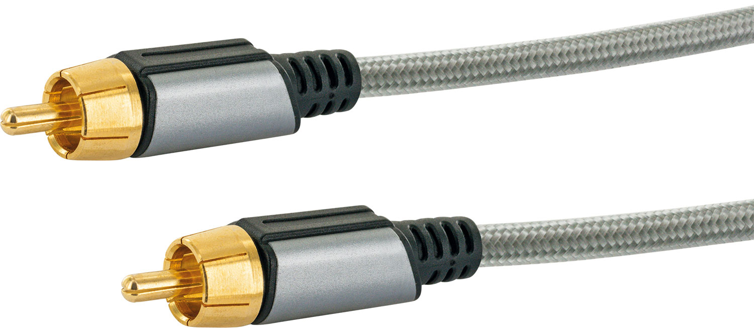 Zwei RCA-Audiokabel mit goldfarbenen Steckern und grauem, geflochtenem Kabel.