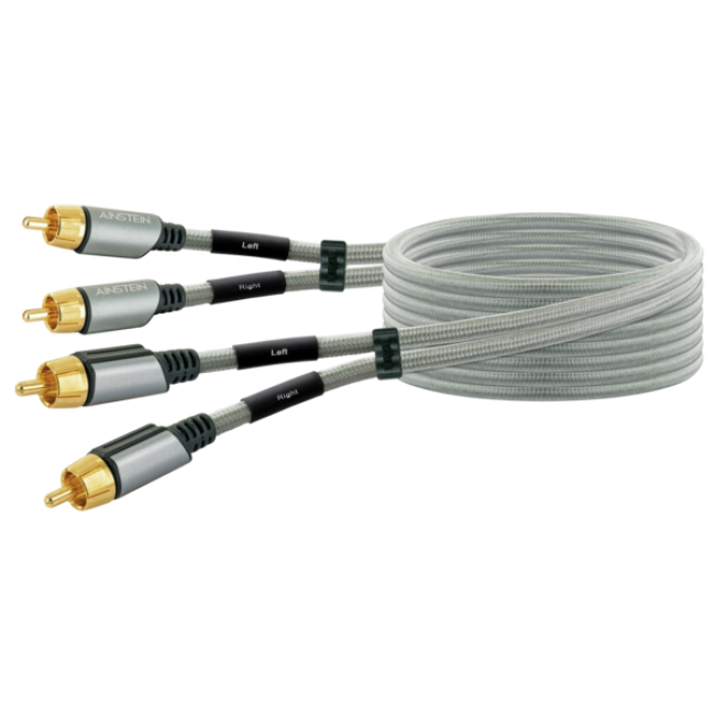 Drei Cinch-Audiokabel, grau und schwarz. Die Kabel sind aufgerollt und haben goldfarbene Stecker.