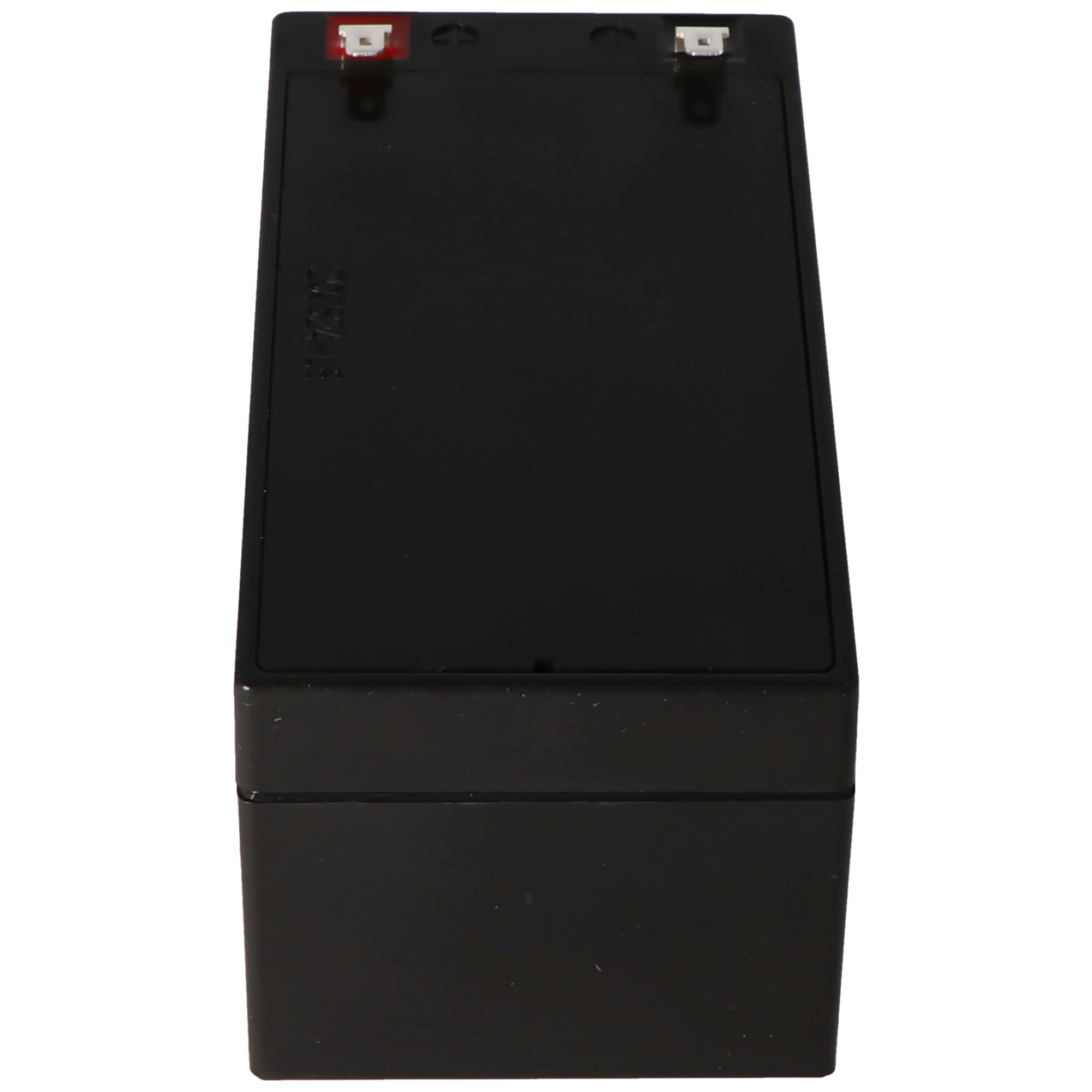 Schwarze Batterie, rechteckige Form mit roten Anschlüssen, Draufsicht.