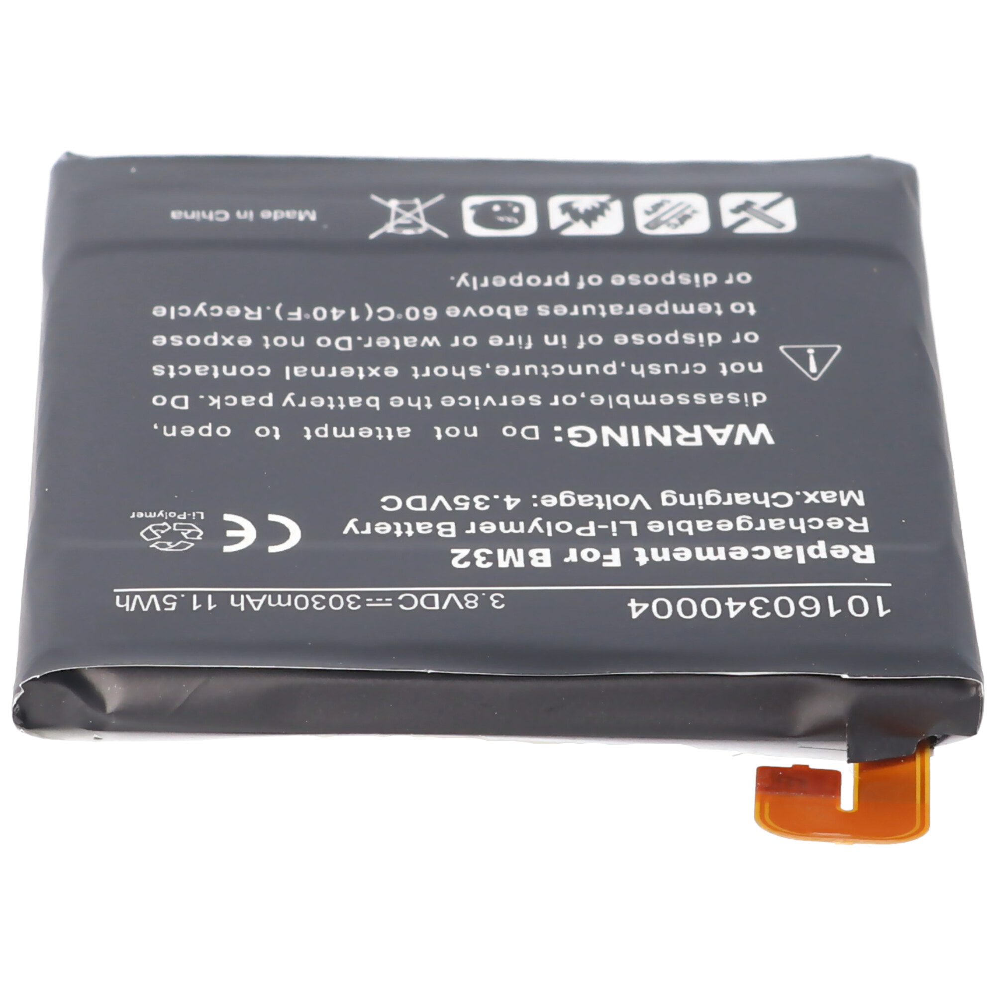 Eine schwarze rechteckige Batterie mit Text, CE-Zeichen und Warnsymbolen.