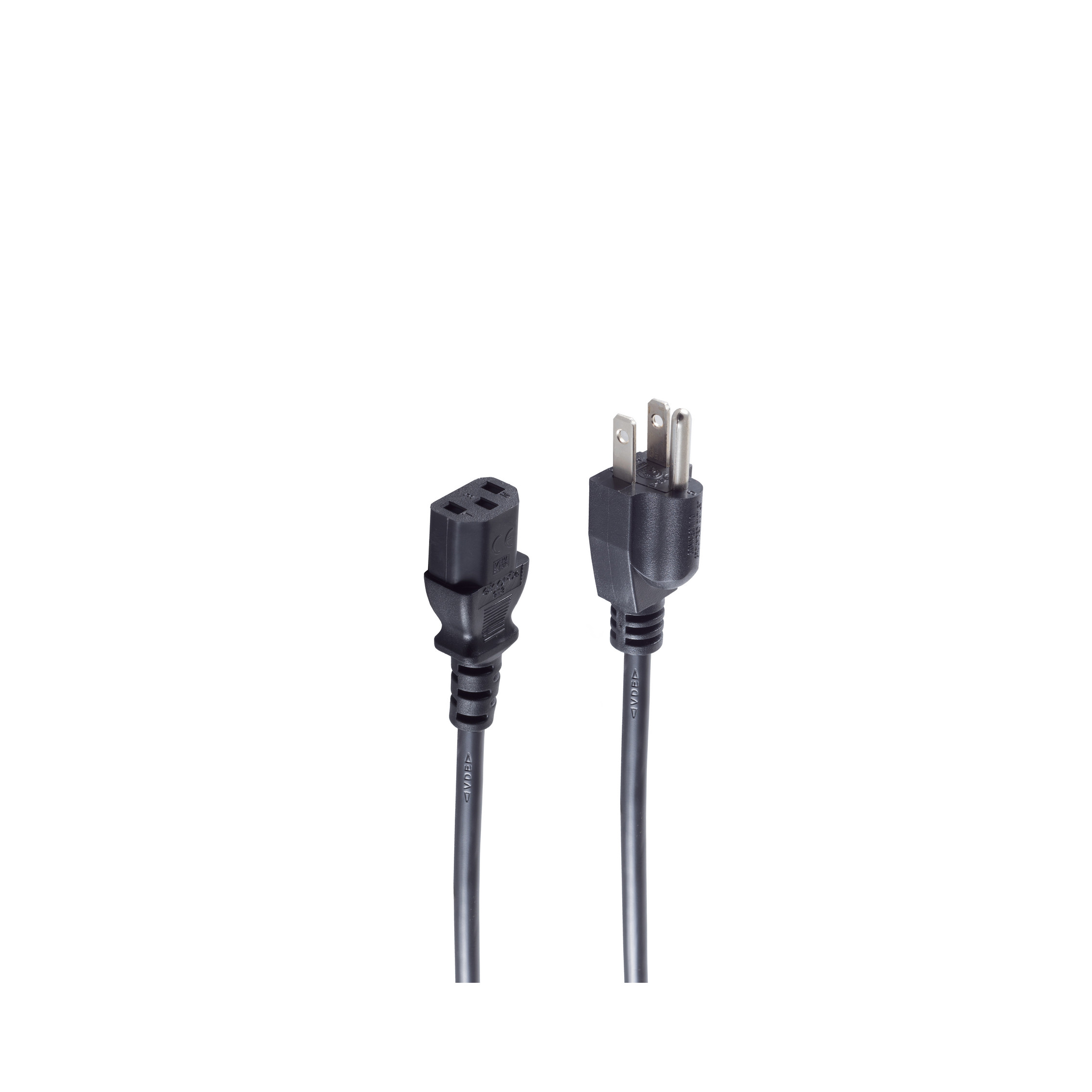 Schwarzes Netzkabel mit C13- und US-Stecker auf weißem Grund.