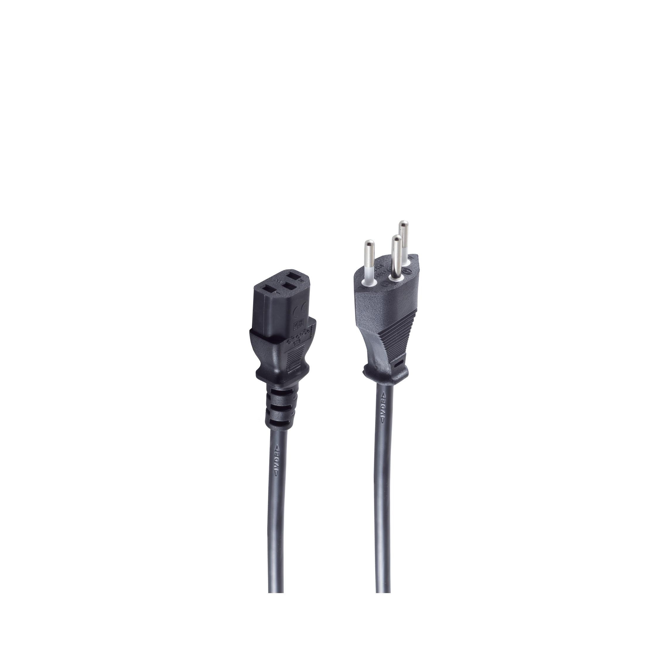 Schwarzes Netzkabel. Ein Ende hat eine Buchse, das andere einen dreipoligen Stecker.