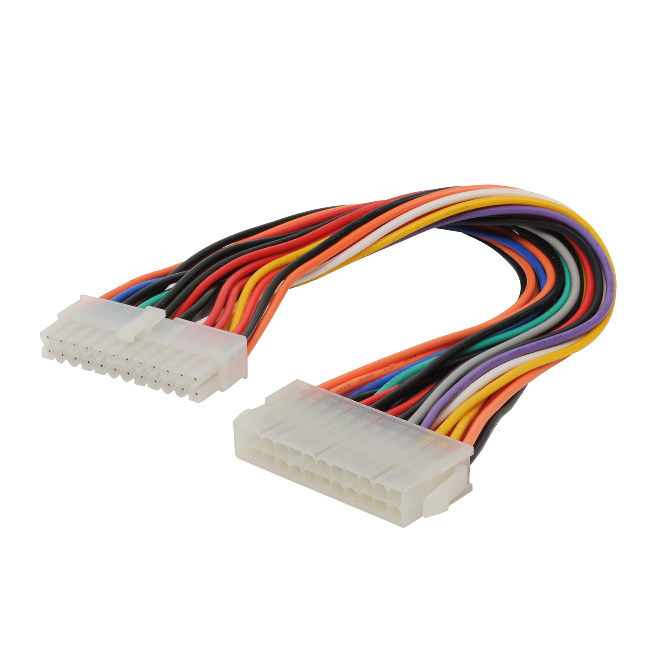 Ein mehrfarbiges Kabel mit zwei weißen Steckern auf weißem Hintergrund.