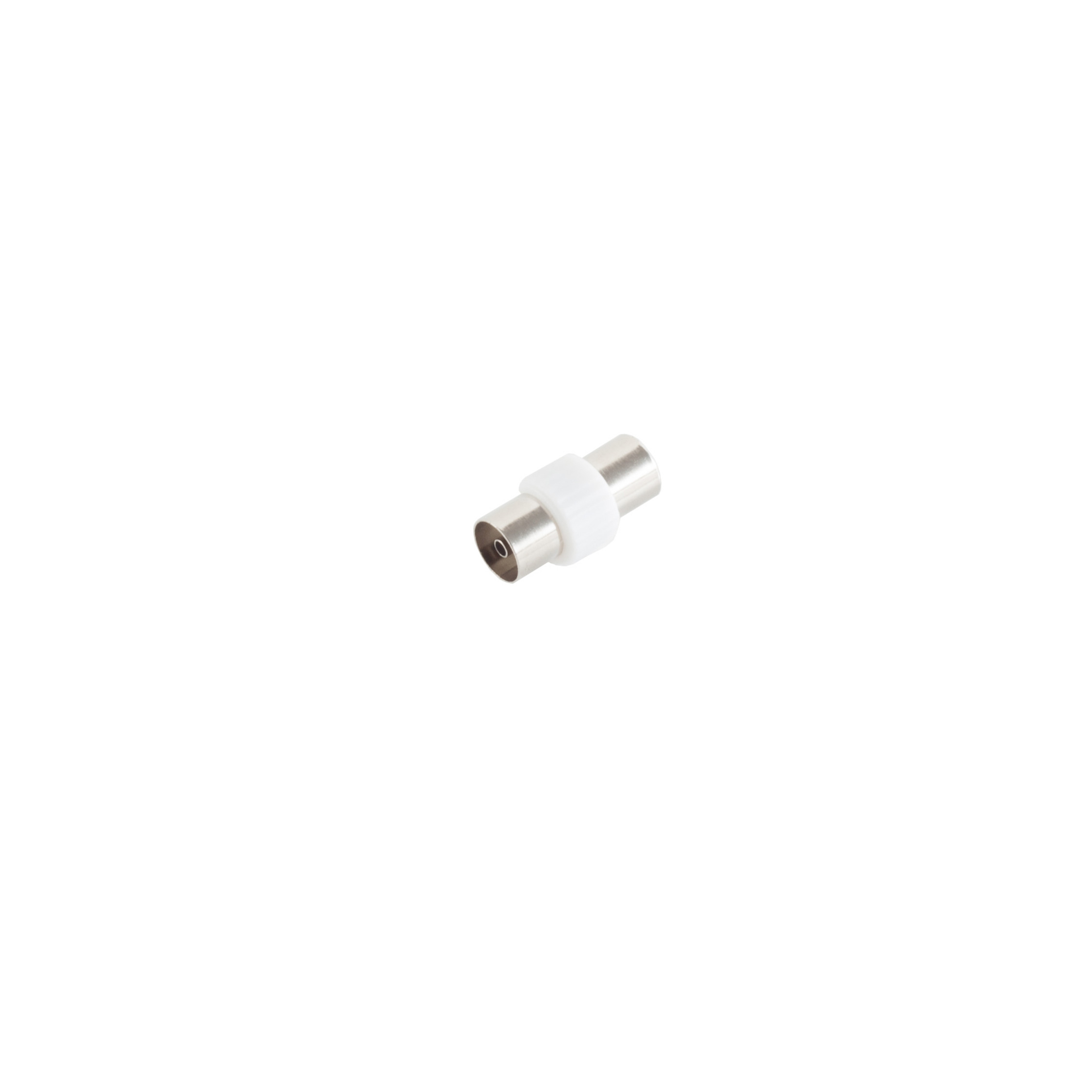 Weißer Stecker mit silbernem Mittelteil auf weißem Hintergrund.