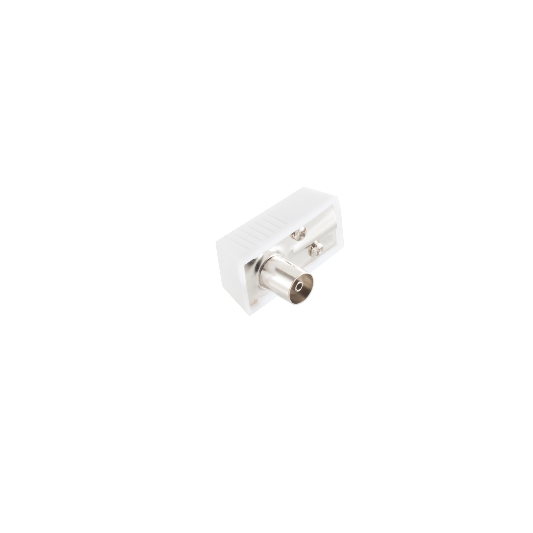 Ein weißer F-Stecker-Adapter auf weißem Hintergrund.