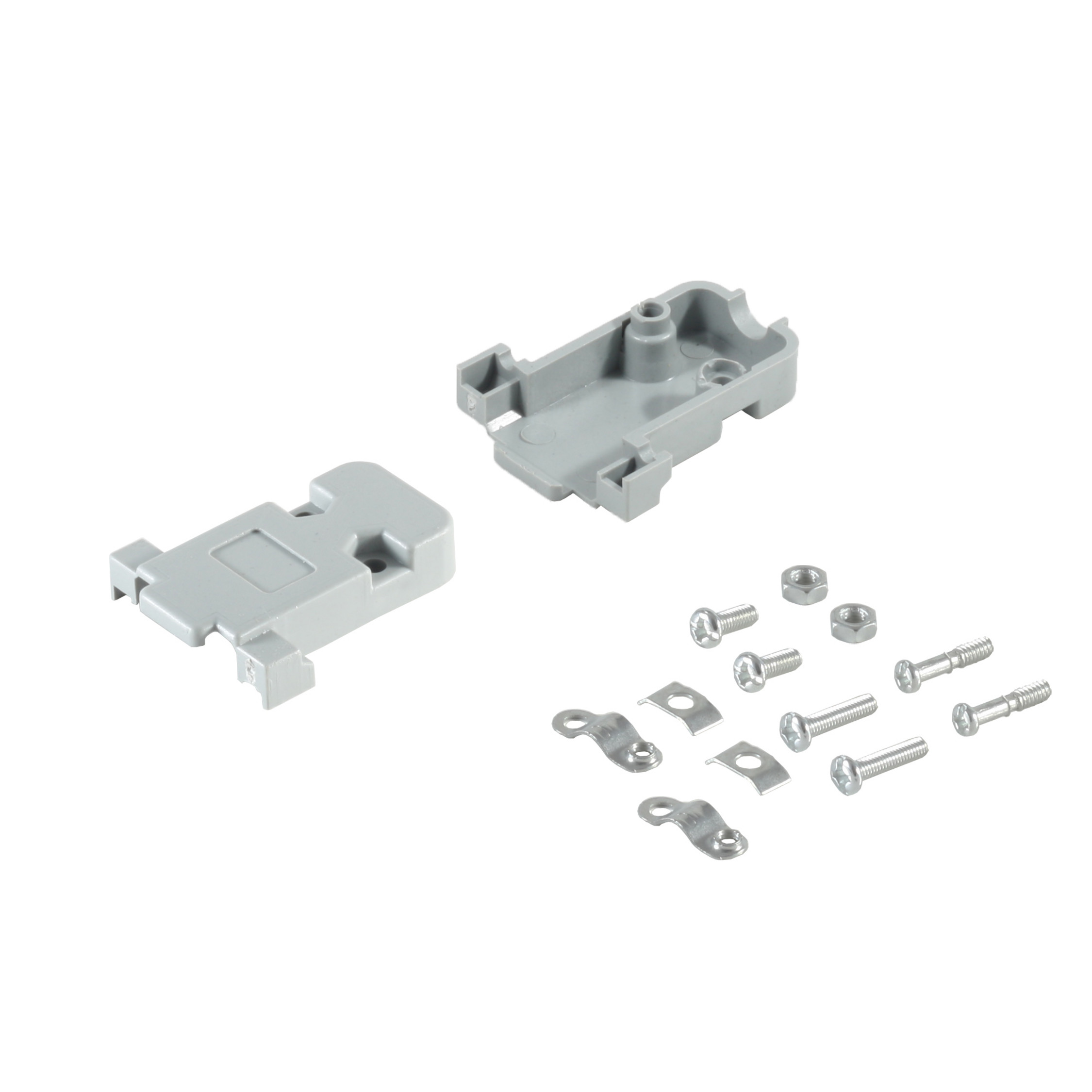 Graue Metallteile und Schrauben für eine D-Sub-Steckverbinder-Baugruppe auf Weiß.