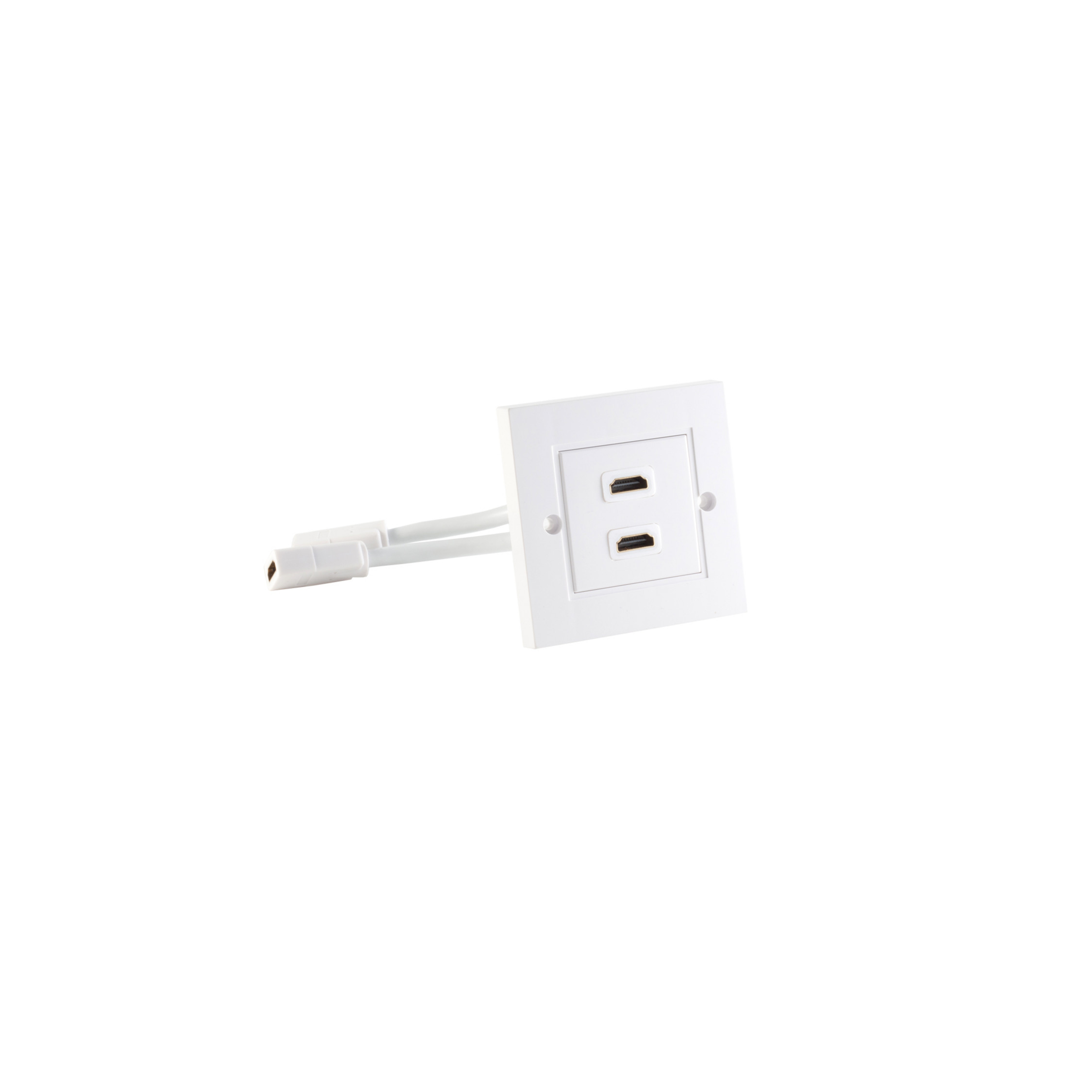 Weiße Wandplatte mit zwei HDMI-Anschlüssen und einem Kabel auf weißem Hintergrund.