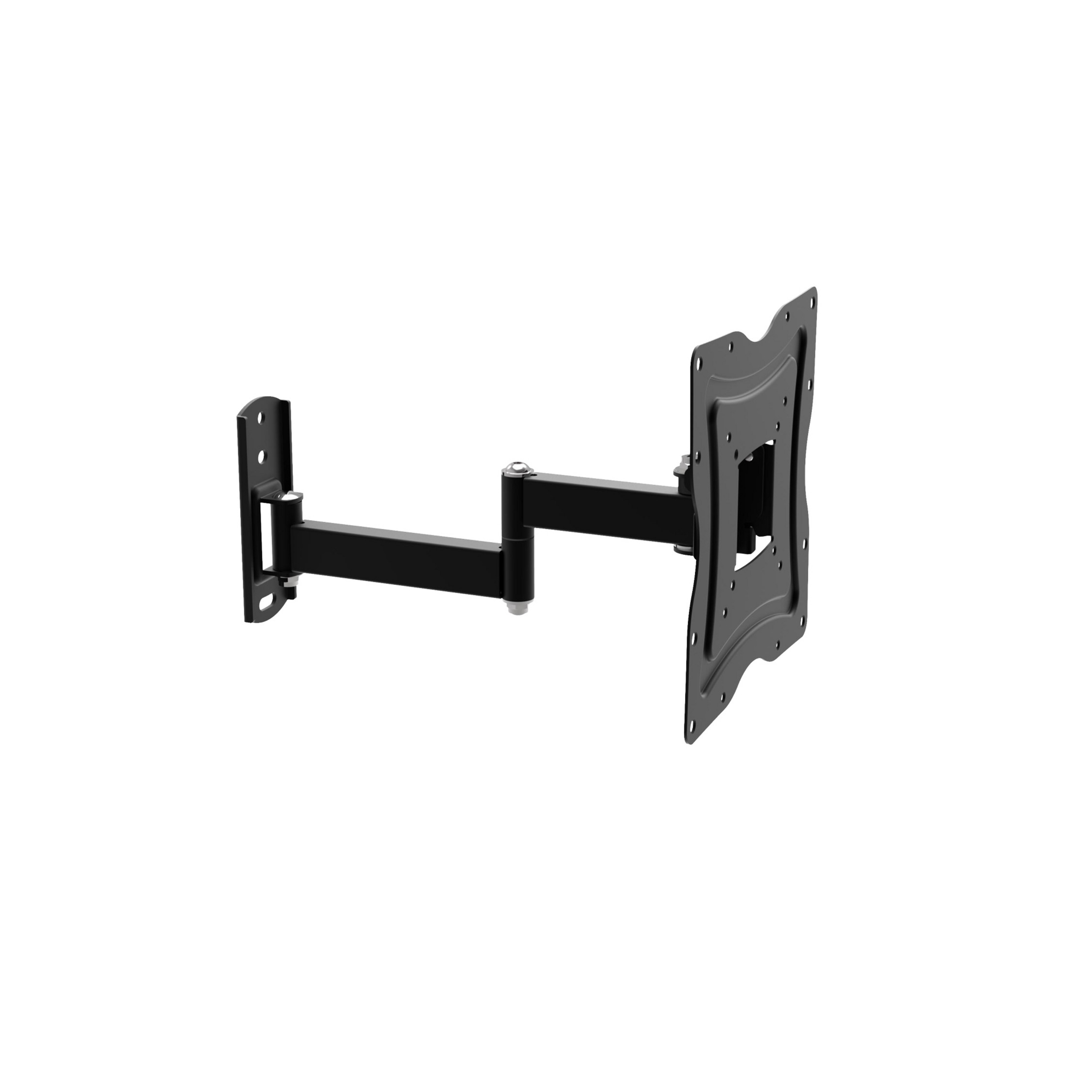Eine schwarze TV-Wandhalterung mit mehreren Gelenken, isoliert auf weißem Grund.