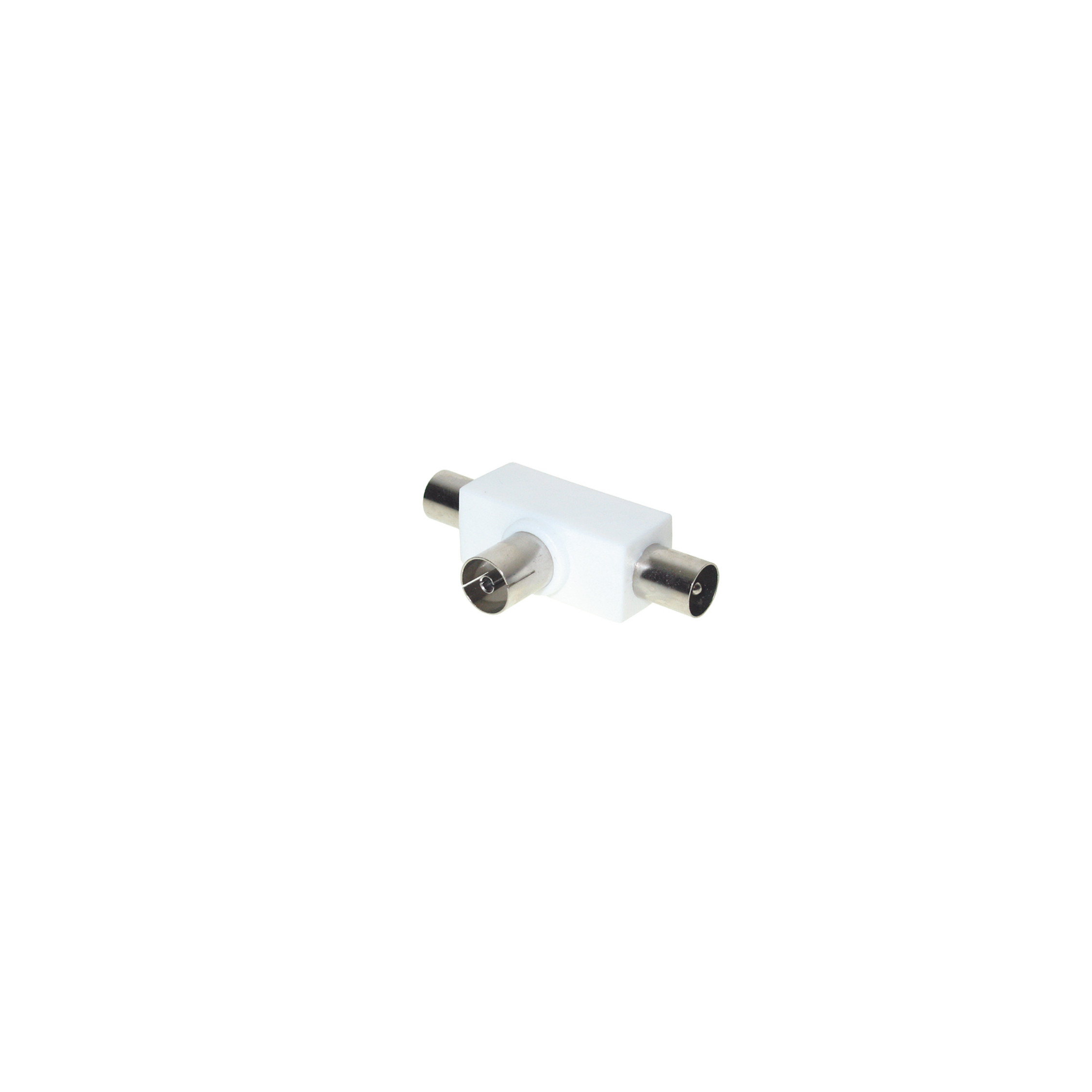 Weißer T-förmiger Stecker mit zwei Koaxialanschlüssen.