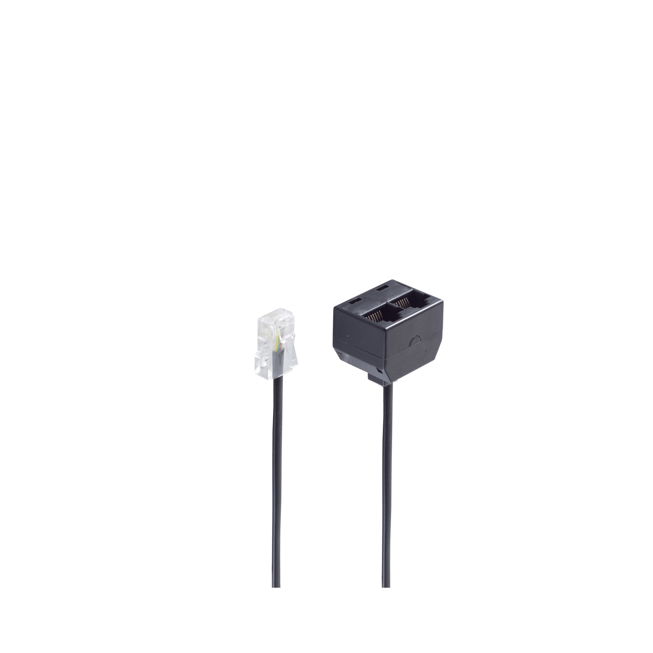 Zwei schwarze Telefonkabel. Eines hat einen Stecker, das andere einen schwarzen Block.
