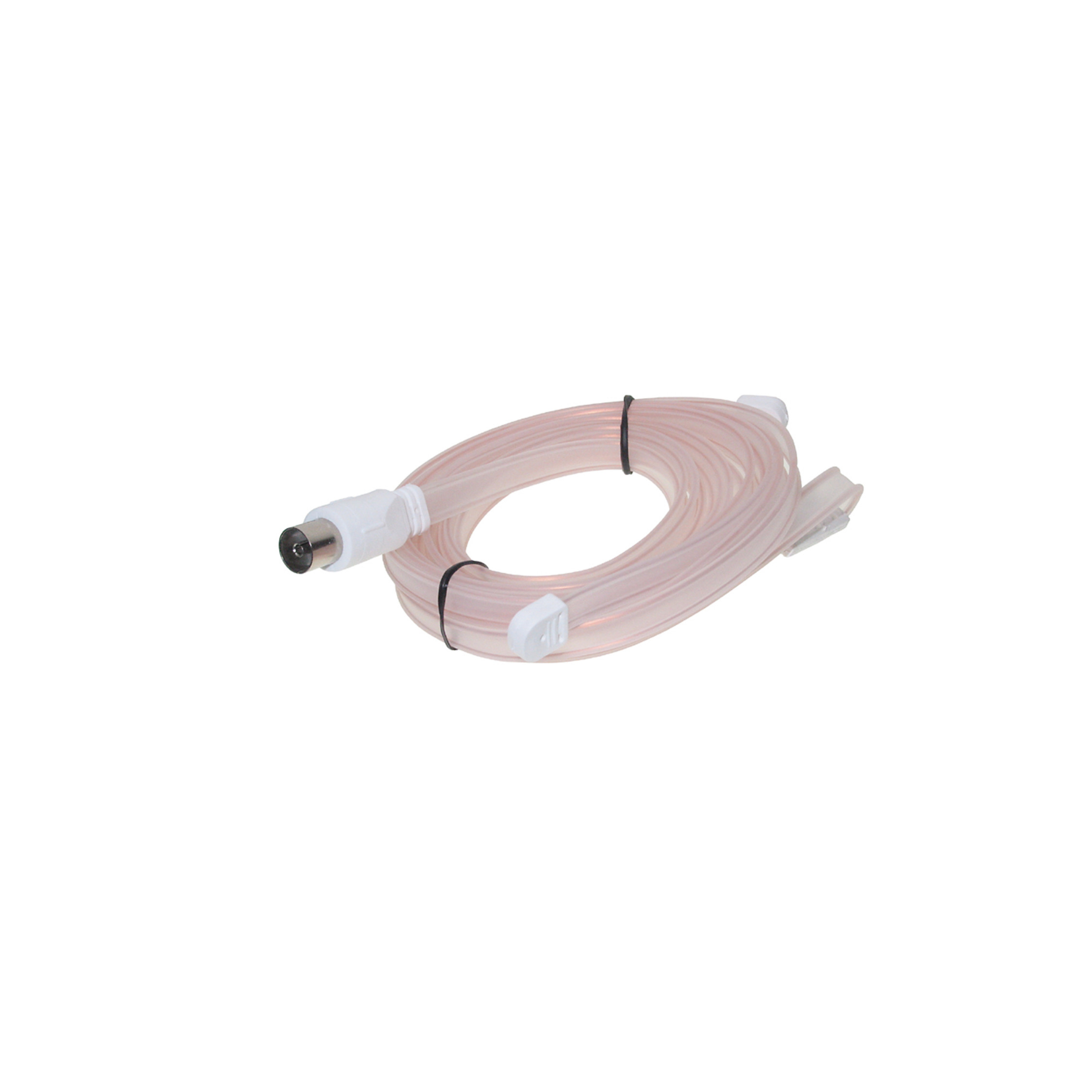 Ein aufgerolltes rosa Kabel mit Steckern und schwarzen Bindern auf weißem Hintergrund.