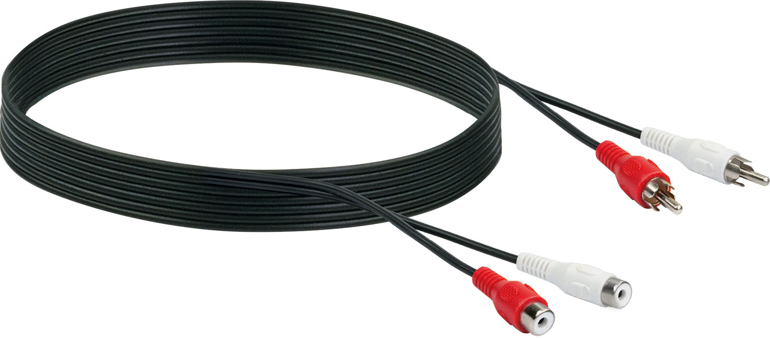 Schwarze Audiokabel mit roten und weißen Steckern.
