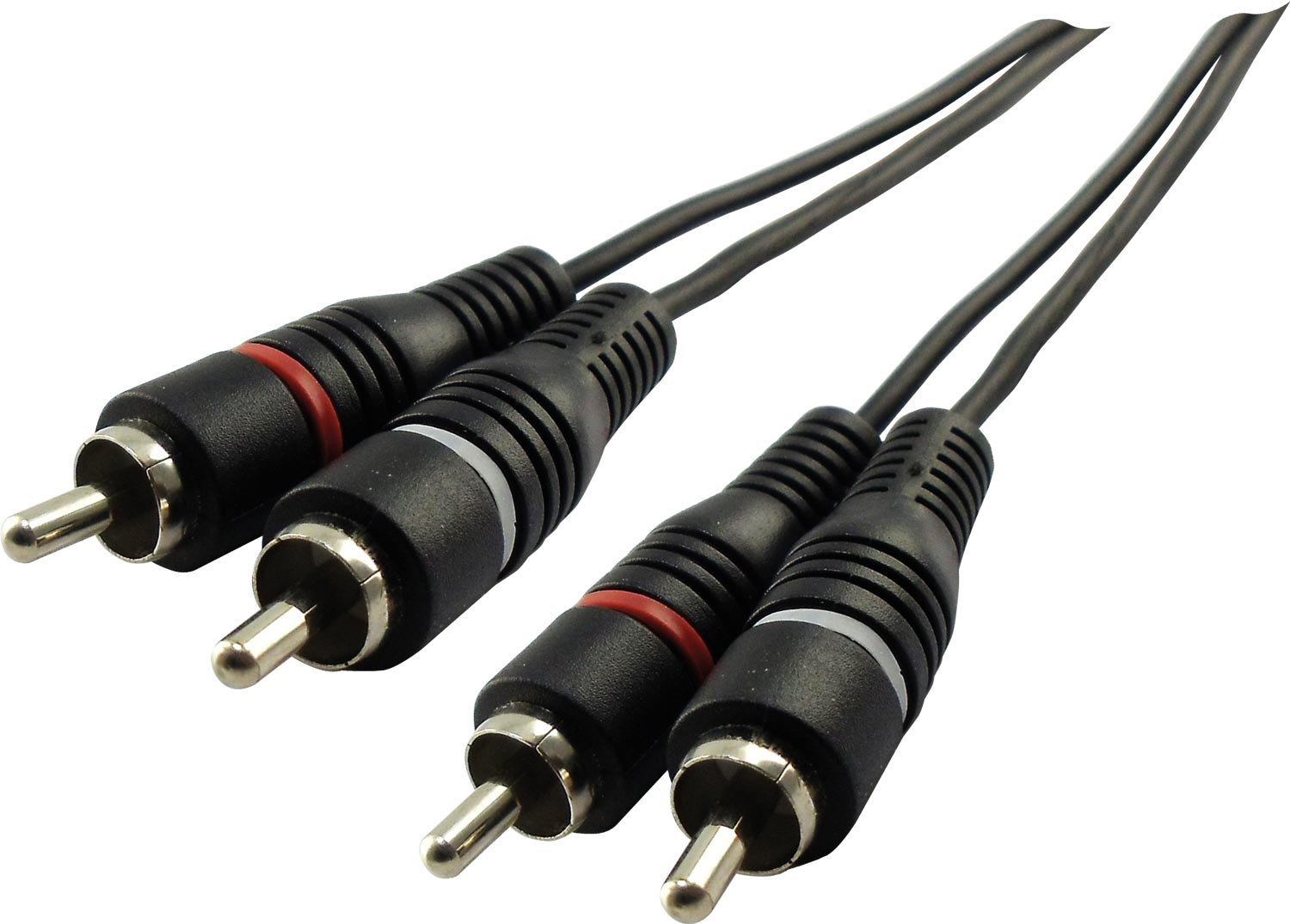 Due cavi audio neri con connettori RCA, anelli rossi e bianchi, su sfondo bianco.