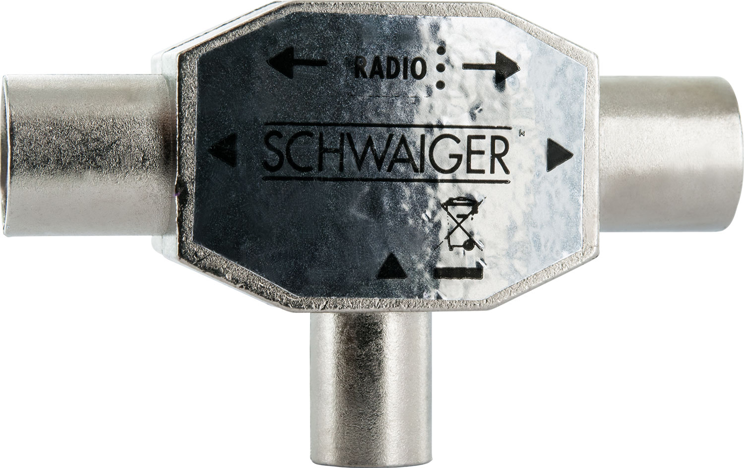Ein silberner, T-förmiger Stecker mit den Aufschriften 'SCHWAIGER' und 'RADIO' für Koaxialkabel.