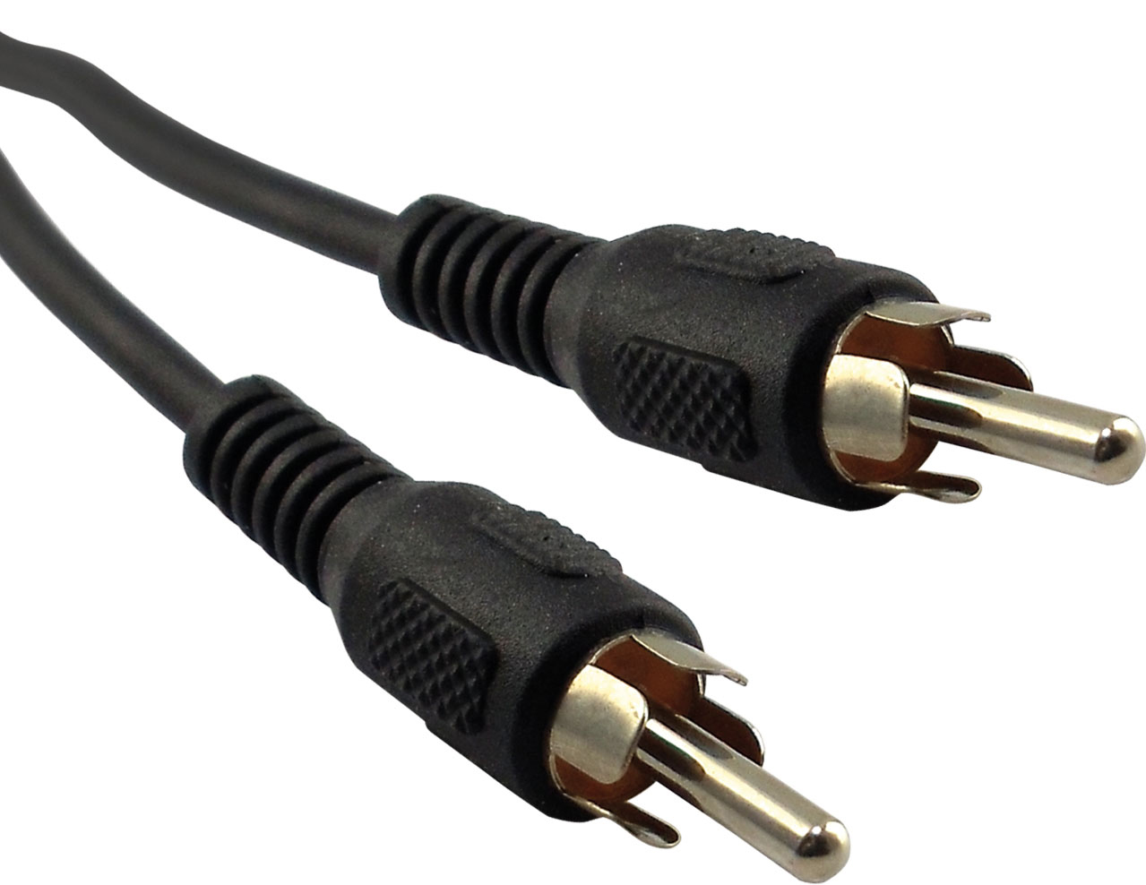 Zwei schwarze Cinch-Audiokabel mit silberfarbenen Steckern, schräge Perspektive.