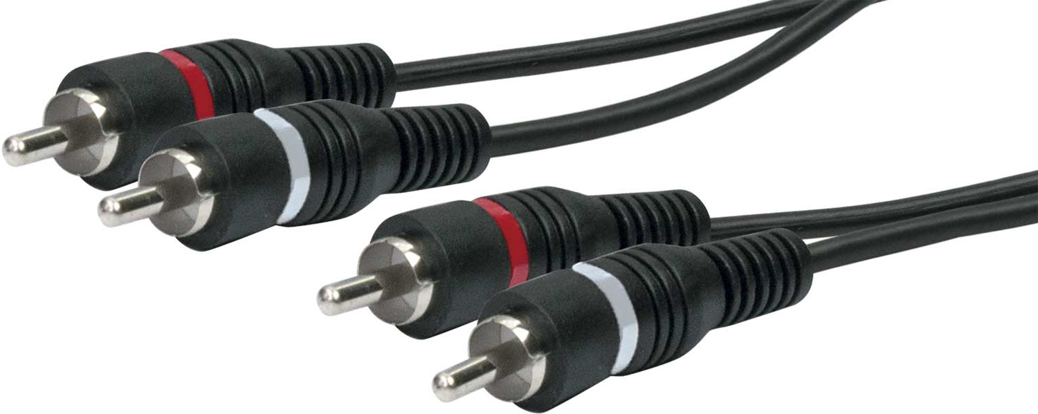 Zwei schwarze und rote Cinch-Kabel. Weißer Hintergrund.