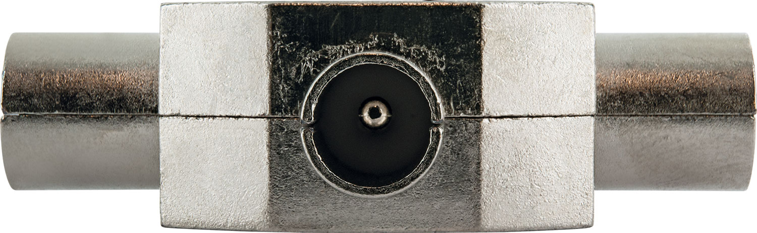 Ein Metall-F-Stecker zum Anschließen von Koaxialkabeln. Er hat zwei Stecker und einen Buchsenanschluss in der Mitte.