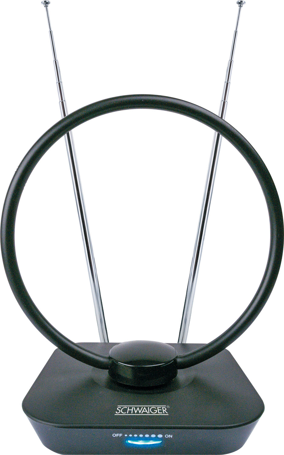 Czarna antena z okrągłym elementem i prętami, na czarnej podstawie.