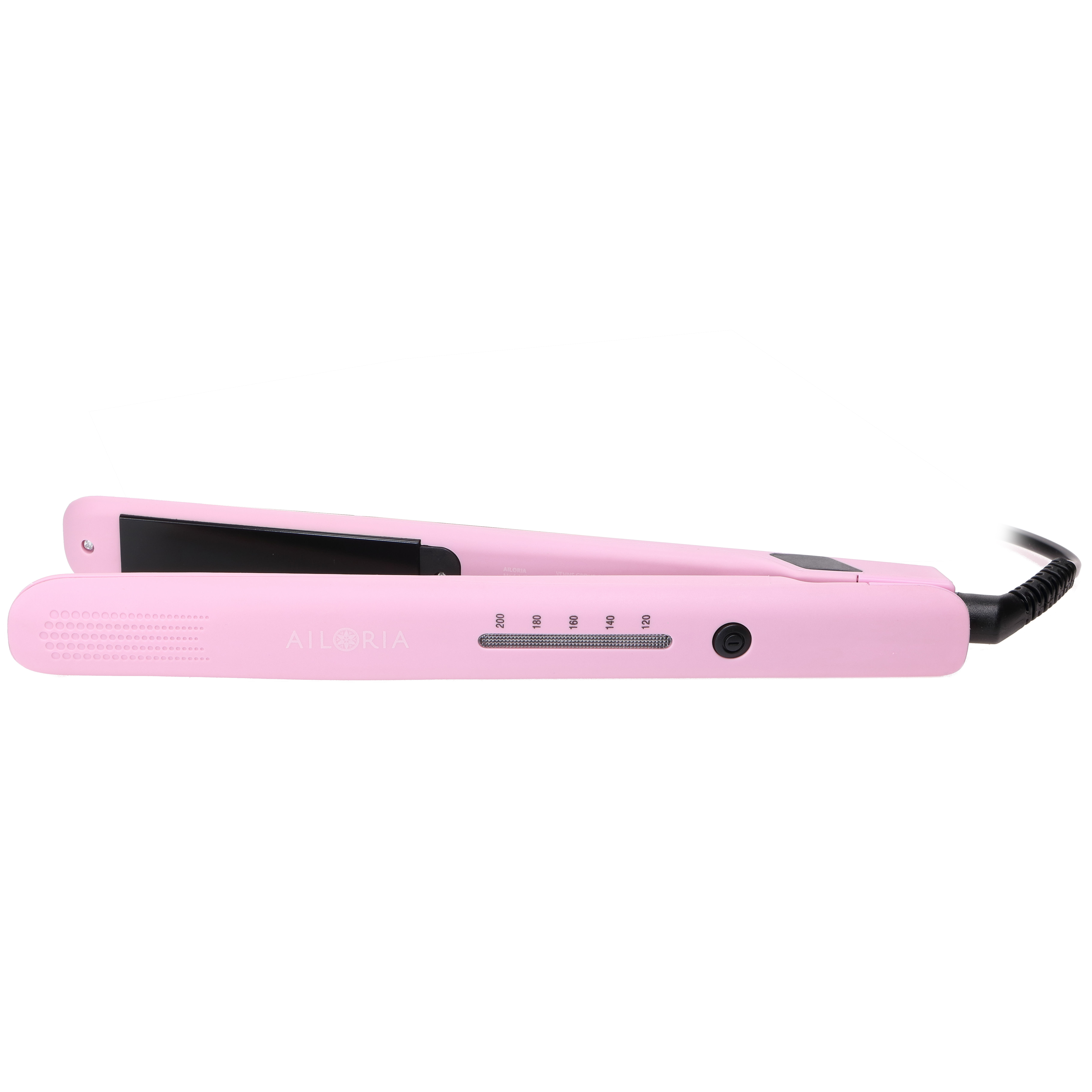 Ein rosa Glätteisen mit Temperatureinstellungen und einem schwarzen Netzkabel.