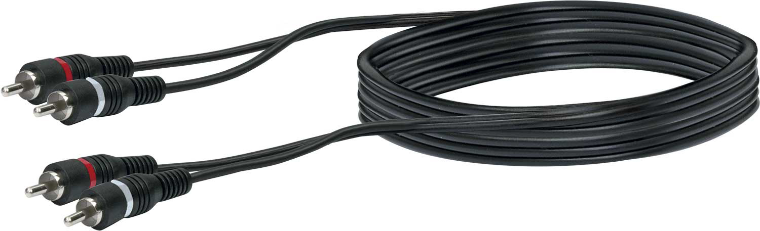 Schwarze Audiokabel mit roten und weißen Steckern.