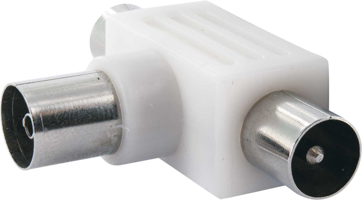 Ein weißer T-förmiger Koaxialkabel-Splitter mit zwei Buchsen und einem Stecker.