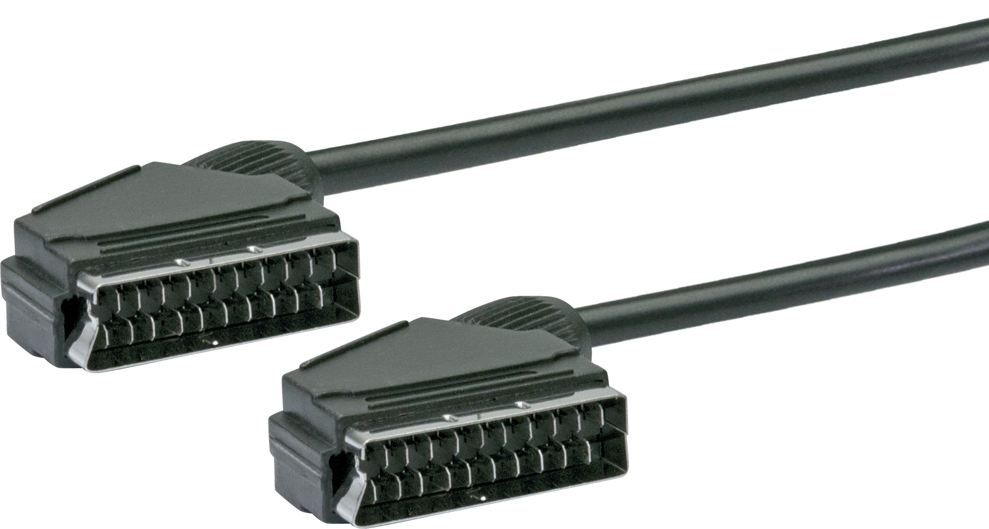 Zwei schwarze SCART-Kabel mit Steckern an beiden Enden. Stecker haben mehrere Pins.