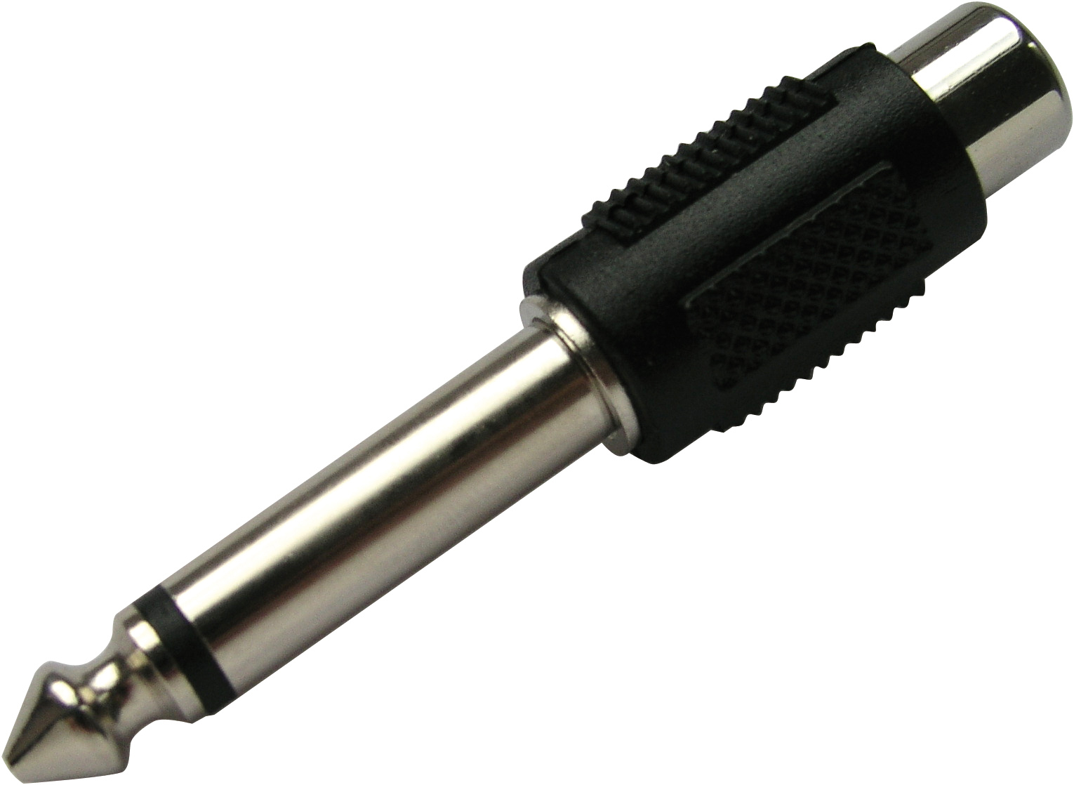Ein schwarzer und silberner Audioadapter mit 3,5-mm-auf-6,35-mm-Klinke.