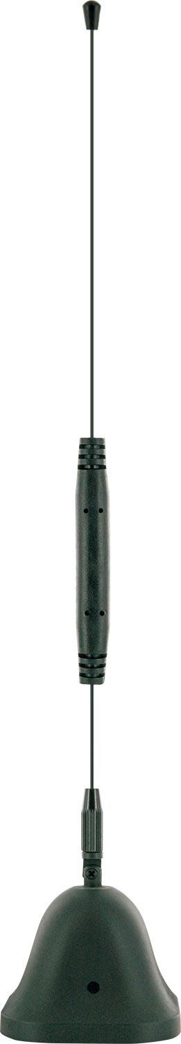 Schwarze Antenne mit glockenförmigem Fuß und einem langen, dünnen Draht, der nach oben verläuft.