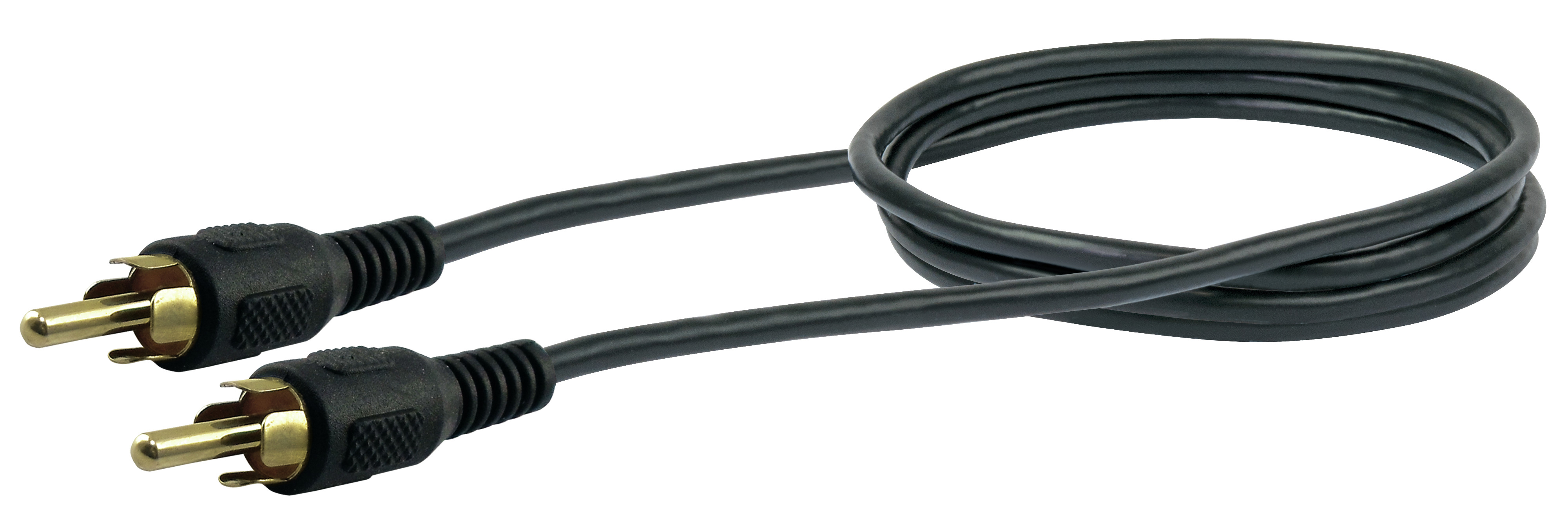 Ein schwarzes Cinch-Kabel mit goldenen Steckern auf weißem Hintergrund.