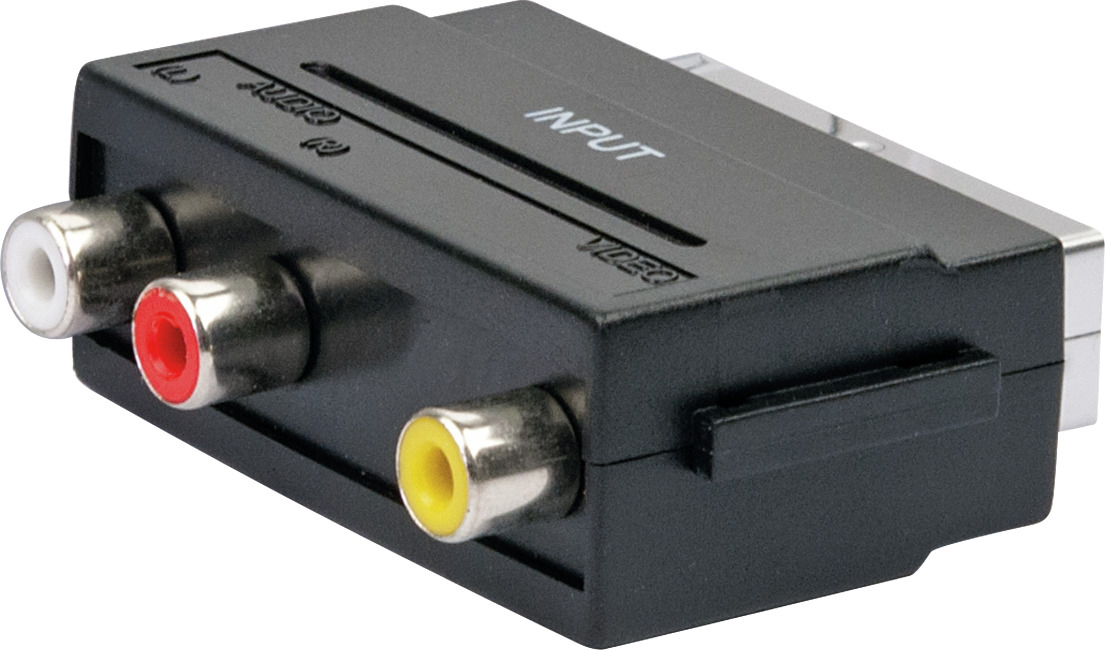 Schwarzer SCART-Adapter mit Eingangsanschlüssen für Audio und Video.