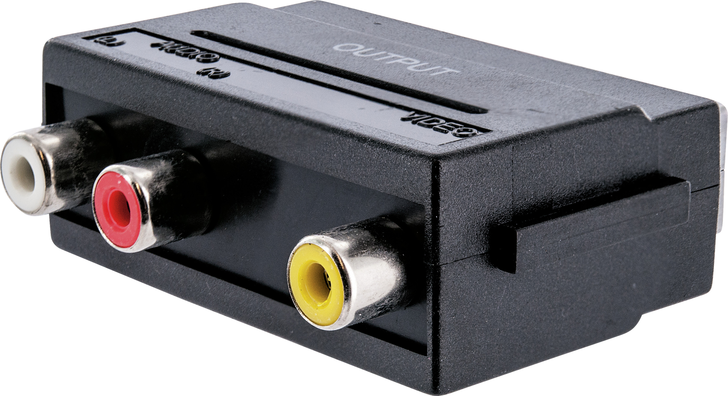 Schwarzer Cinch-zu-SCART-Adapter mit gelben, roten und weißen Steckern.
