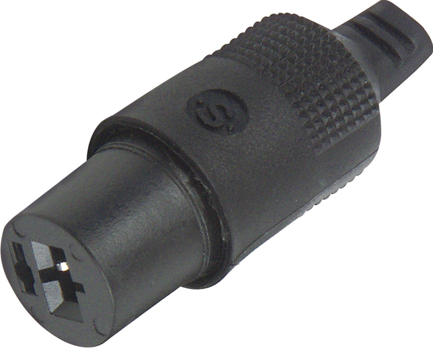 Schwarzer Stecker mit kreisförmigem Ende und Vier-Pin-Einsatz, für elektronische Geräte.