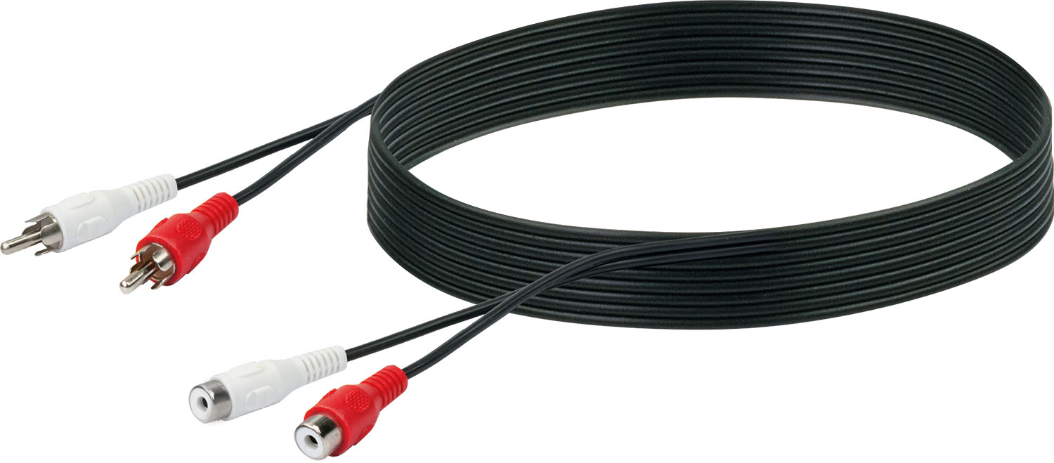 Schwarze Audiokabel mit roten und weißen Steckern.
