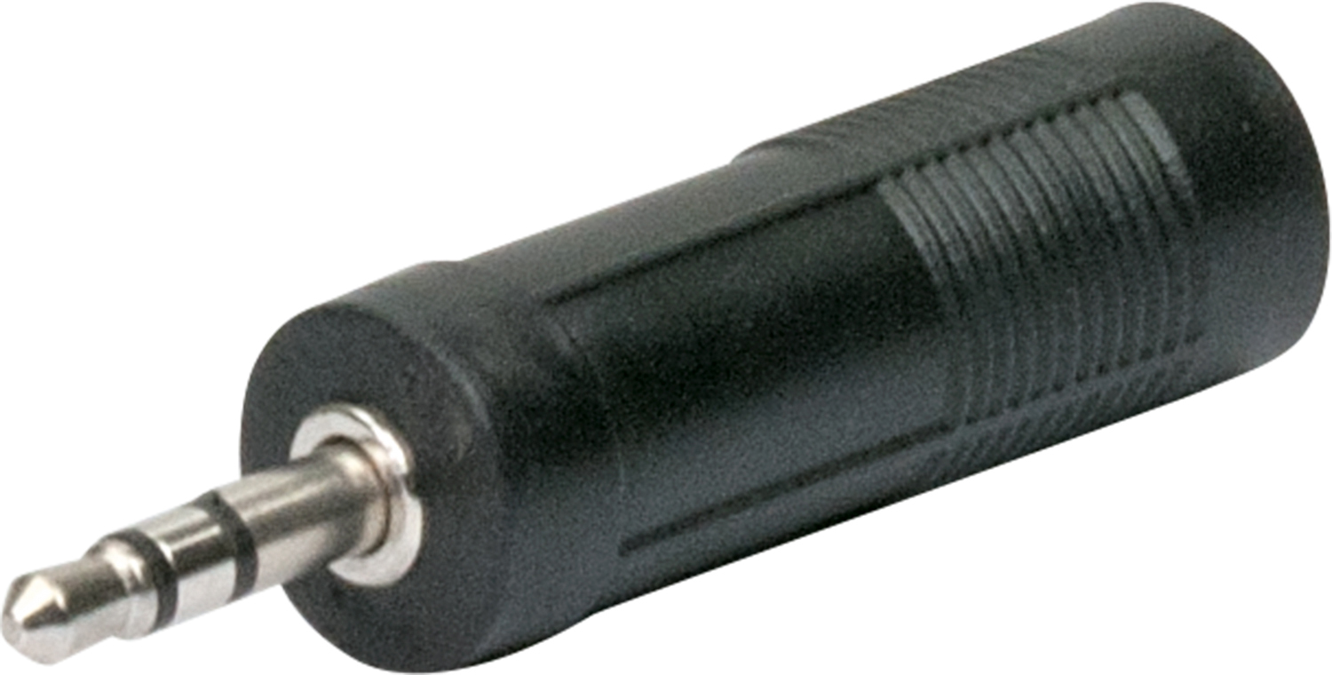 Ein schwarzer Audioadapter mit einem 3,5-mm-Stecker und zylindrischem Gehäuse.