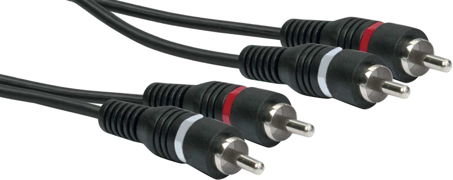 Zwei schwarze Cinch-Kabel mit roten und weißen Steckern, Winkelansicht, weißer Hintergrund.