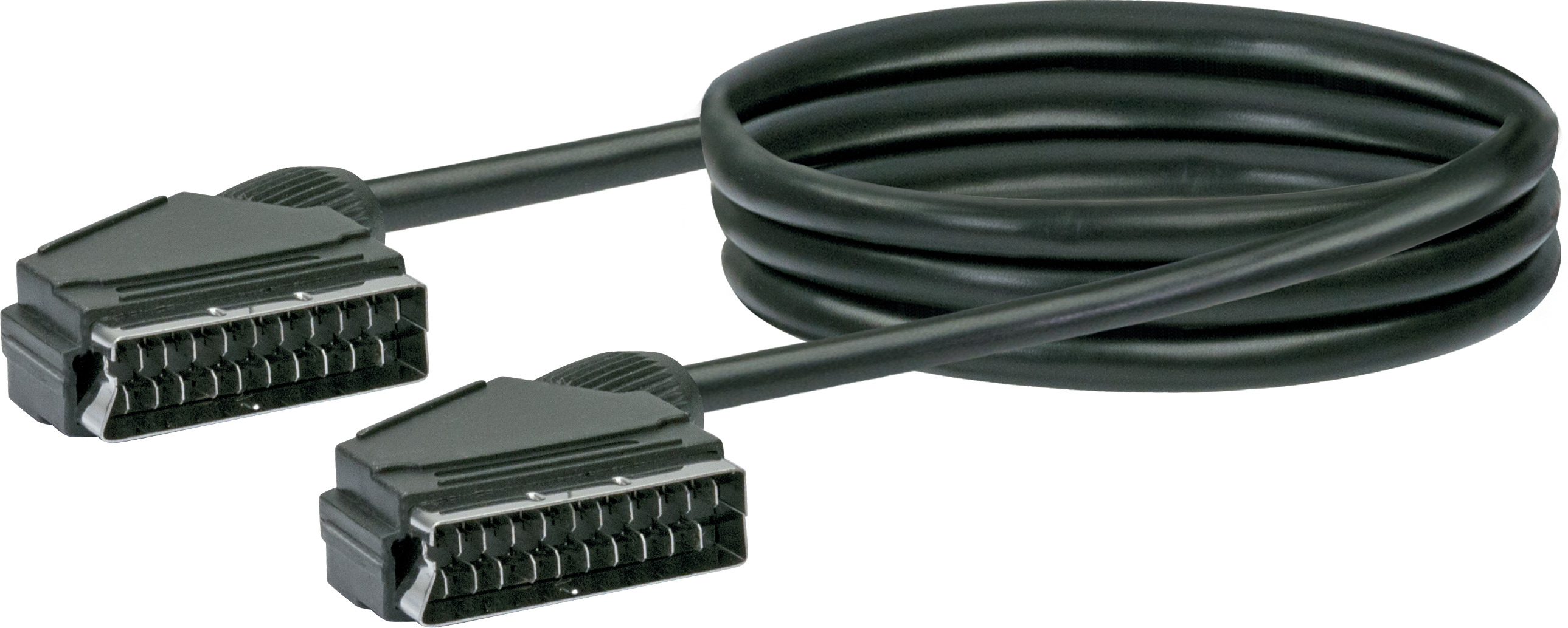 Schwarz gewickeltes SCART-Kabel mit zwei Steckern.