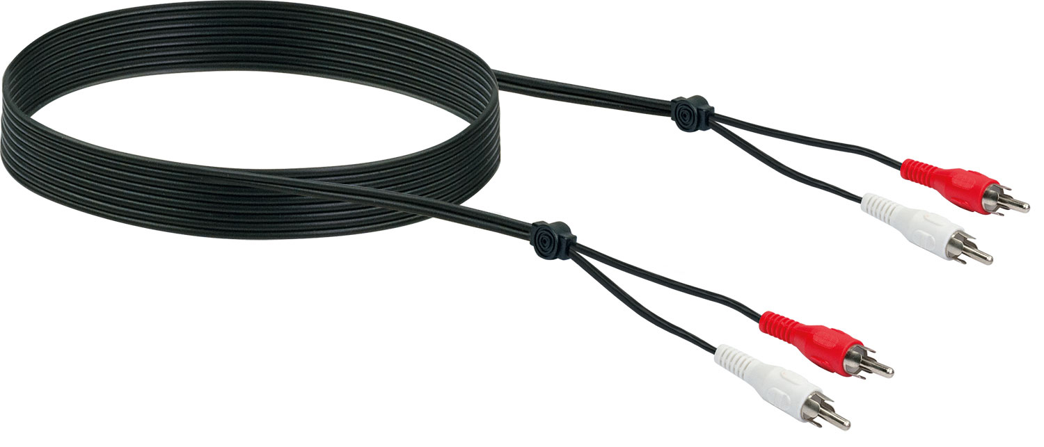 Cavo audio nero con connettori RCA rossi e bianchi, sfondo nero.