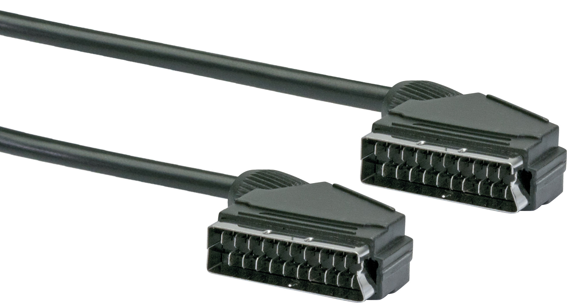 Zwei schwarze SCART-Kabel mit Steckern an jedem Ende. Kabel sind schwarz.