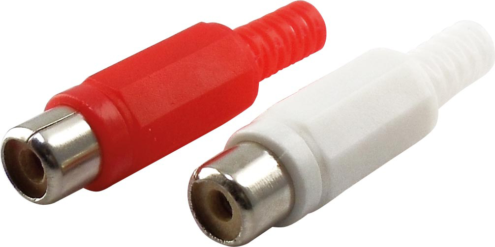 Zwei Cinch-Stecker, rot und weiß. Der rote ist links. Sie sind auf weißem Hintergrund.